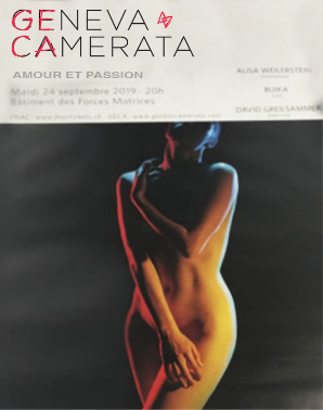 Affiche promotionnelle de Genève Camerata pour un concert montrant le corps d'une femme nue dont la tête et les pieds ne sont pas visibles.